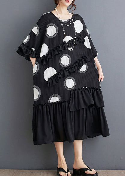 Robe en mousseline de soie noire à volants et col rond grande taille pour l'été AP006