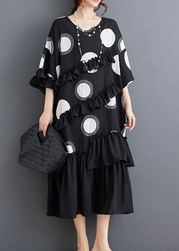 Plus Size Black O Neck Ruffled Patchwork Chiffon Dress Summer AP006