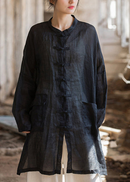 Plus Size Schwarze orientalische Leinenhemden mit Knöpfen, Frühlings-TZ049