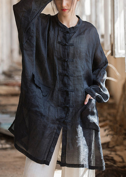 Plus Size Schwarze orientalische Leinenhemden mit Knöpfen, Frühlings-TZ049
