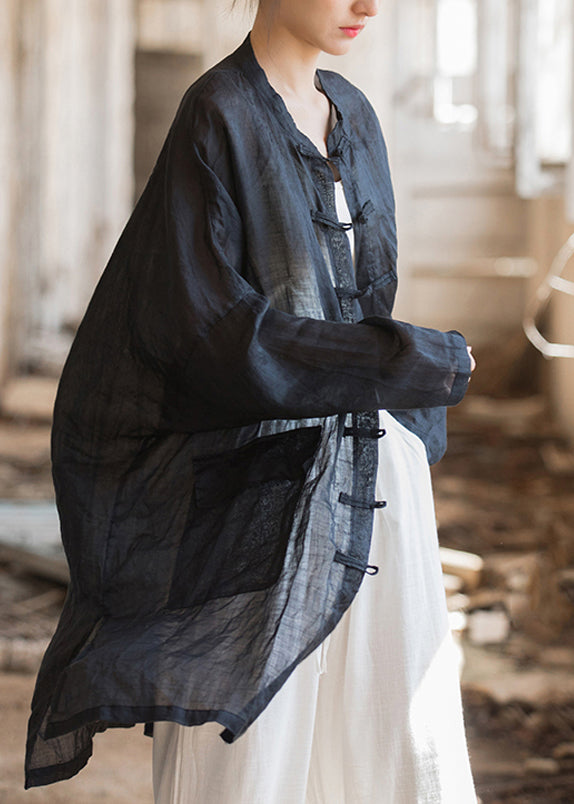 Plus Size Schwarze orientalische Leinenhemden mit Knöpfen, Frühlings-TZ049