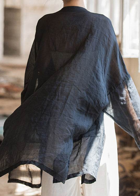 Plus Size Schwarze orientalische Leinenhemden mit Knöpfen, Frühlings-TZ049