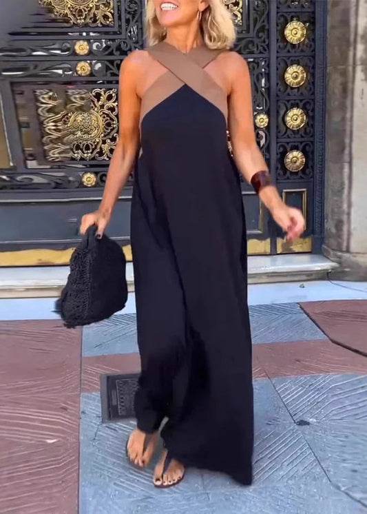 Robes d'été noires patchwork à taille croisée, grandes tailles