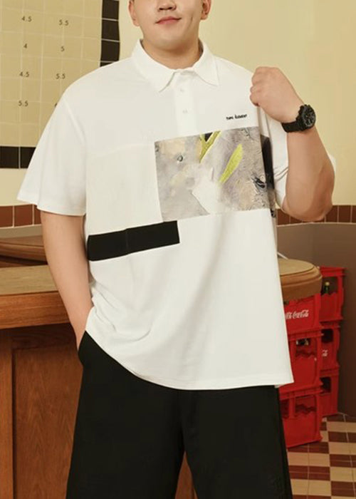 Print Men Plus Size Button Black Cotton Polo Summer Shirt