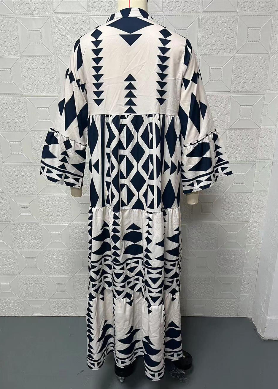 Plus Size Black Stand Collar Print Long Shirts Dresses Spring VB1050