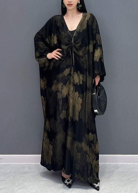 Plus Size Black V Neck Print Holiday Maxi Dress Long Sleeve AY1048