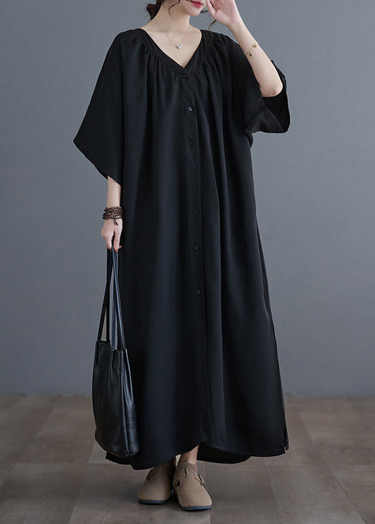 Plus Size Black V Neck Wrinkled Maxi Dresses Summer GH1033