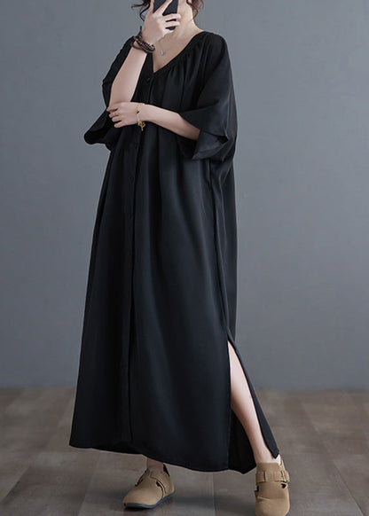 Robe longue froissée noire à col en V grande taille pour l'été GH1033