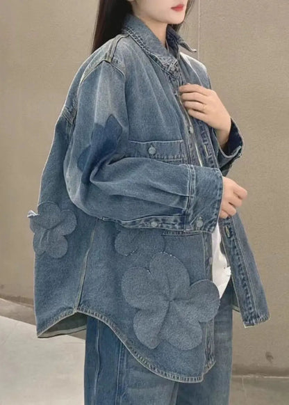 Plus Size Blue Button Pockets Denim Coats Long Sleeve Ada Fashion