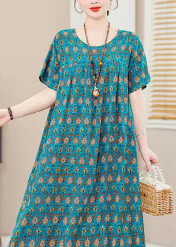 Plus Size Blue O-Neck Print Holiday Long Dress Short Sleeve QB022