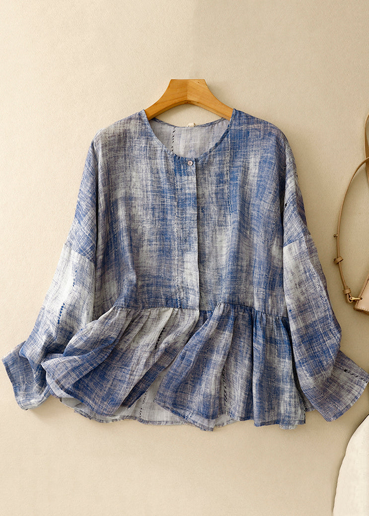 Chemises en coton patchwork tie-dye bleu grande taille à col rond, printemps TI030