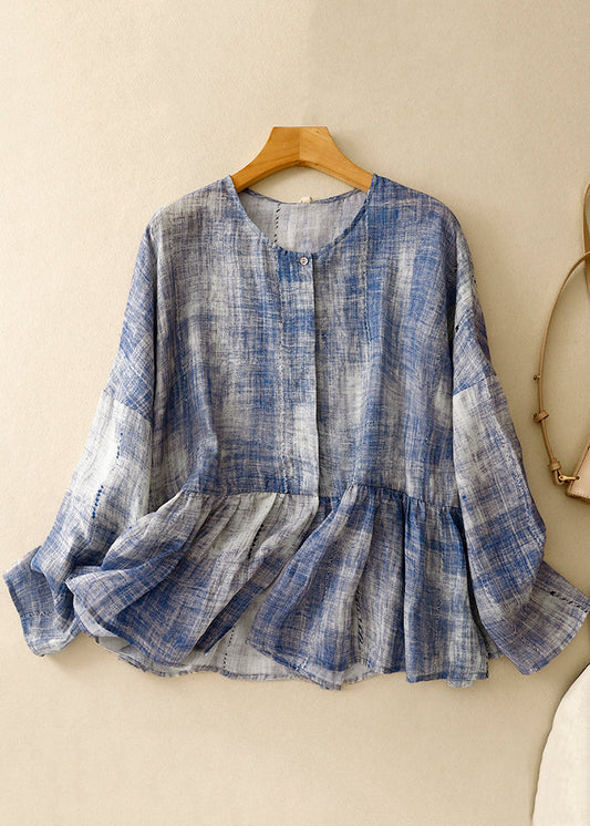 Plus Size Blau O-Ausschnitt Tie Dye Patchwork Baumwollhemden Frühling TI030