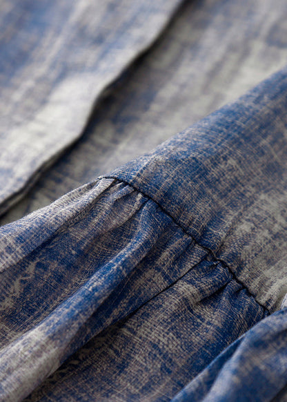 Chemises en coton patchwork tie-dye bleu grande taille à col rond, printemps TI030