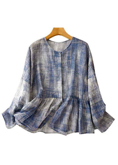 Chemises en coton patchwork tie-dye bleu grande taille à col rond, printemps TI030