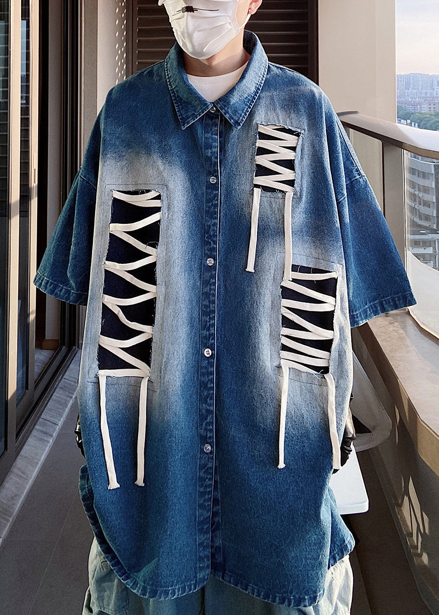 Sleeve Patchwork Original Design Blue Shirts Plus Half Men Size