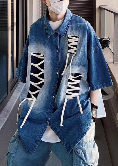 Sleeve Patchwork Original Design Blue Shirts Plus Half Men Size