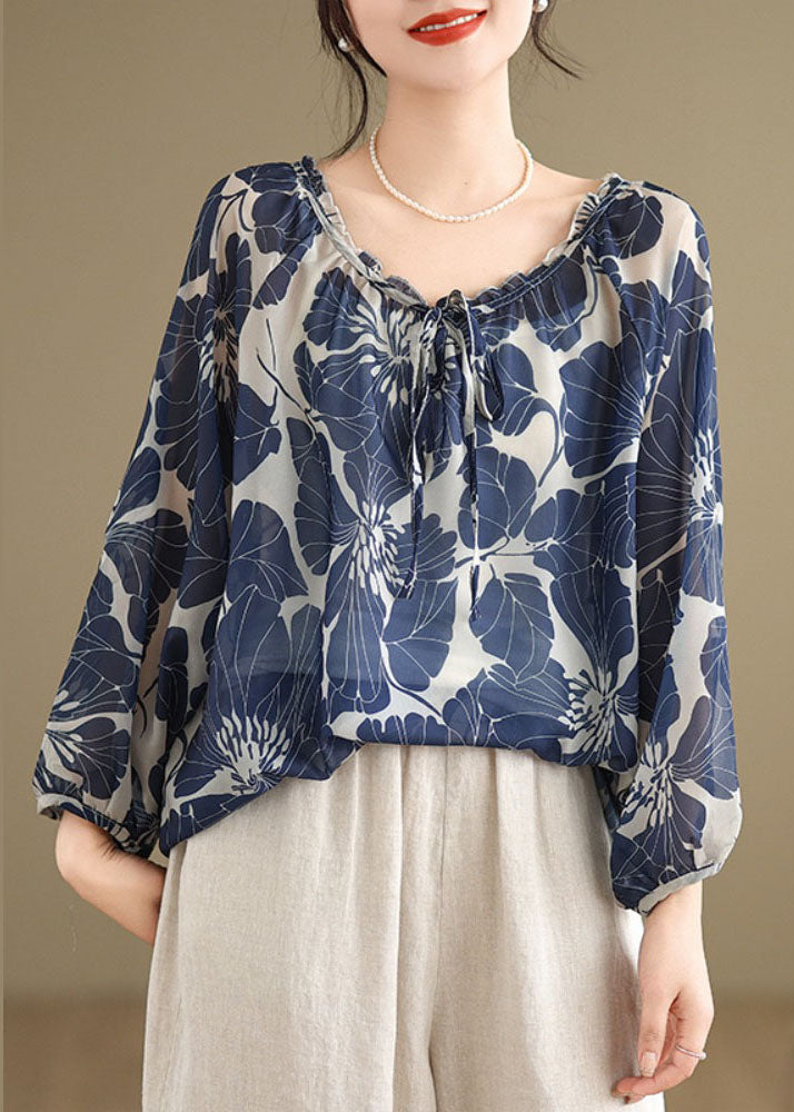 Plus Size Blaues Chiffon-Hemd mit Rüschen und Schnürung, Print, Tops für den Sommer AP054