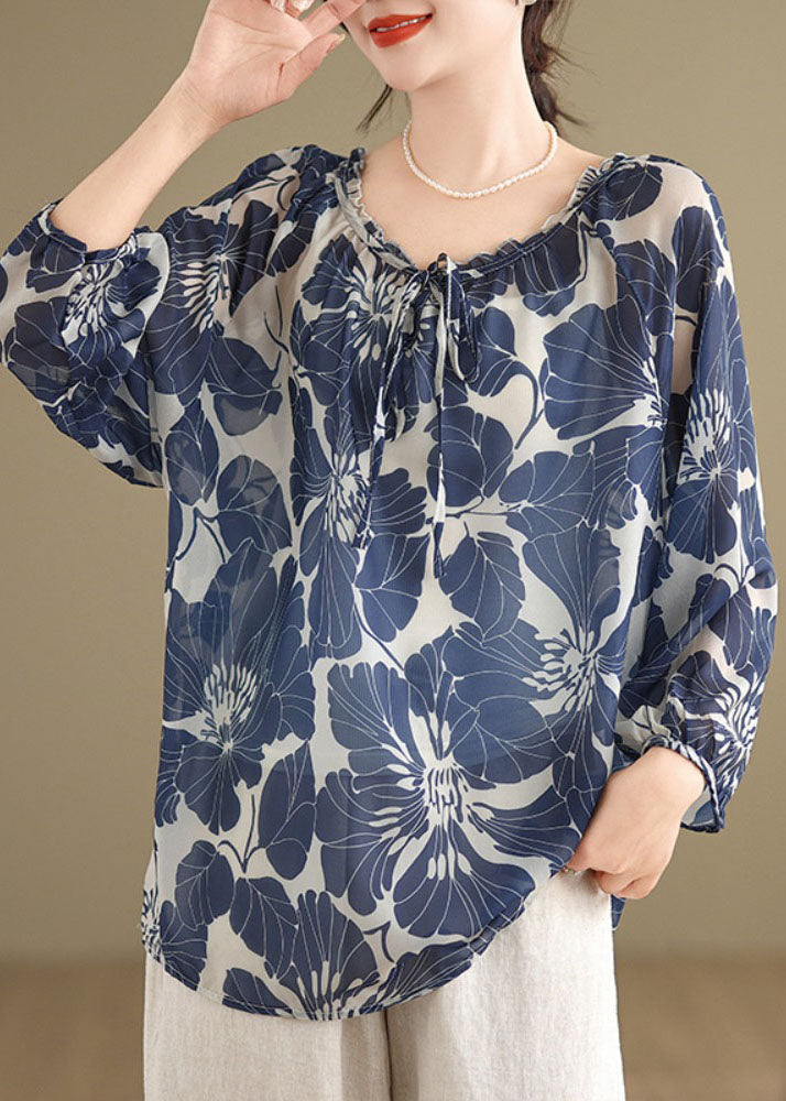 Plus Size Blaues Chiffon-Hemd mit Rüschen und Schnürung, Print, Tops für den Sommer AP054