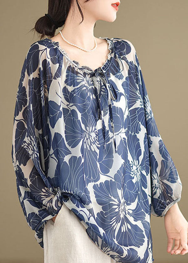 Plus Size Blaues Chiffon-Hemd mit Rüschen und Schnürung, Print, Tops für den Sommer AP054