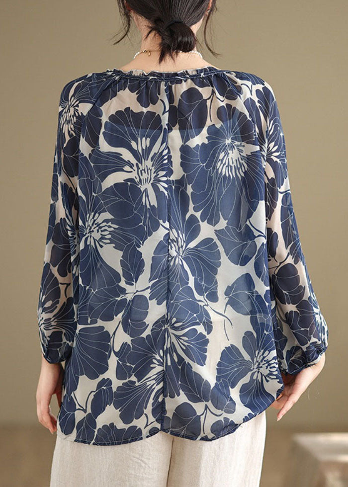 Plus Size Blaues Chiffon-Hemd mit Rüschen und Schnürung, Print, Tops für den Sommer AP054