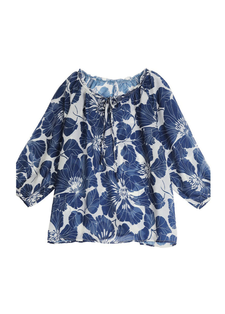 Plus Size Blaues Chiffon-Hemd mit Rüschen und Schnürung, Print, Tops für den Sommer AP054