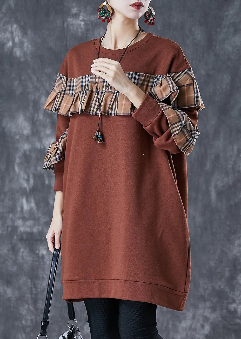 Plus Size Brown Ruffled Patchwork Cotton Sweatshirts Dress Fall Ada Fashion