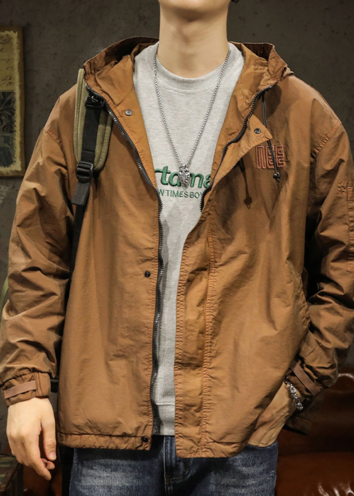 Kordelzug Frühling Herren Karamell Solid Plus Kapuzenmantel Größe Baumwolle