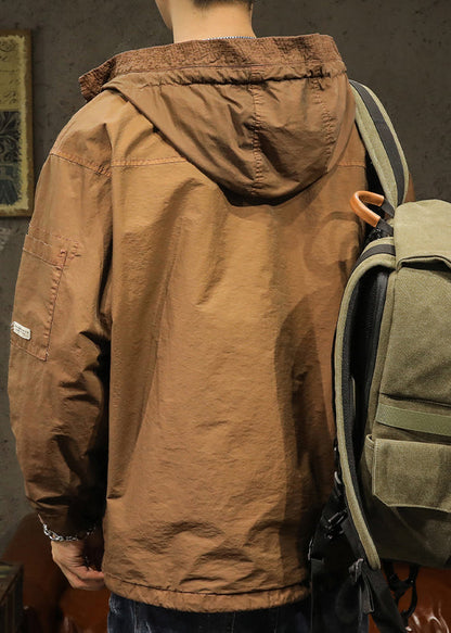 Kordelzug Frühling Herren Karamell Solid Plus Kapuzenmantel Größe Baumwolle