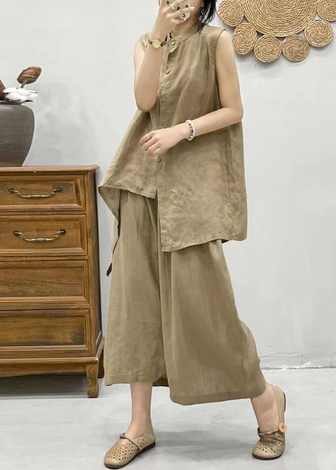 Plus Size Coffee Stand Collar Asymmetrical Patchwork Linen Waistcoat And Crop Pants Two Pieces Set Summer VV075