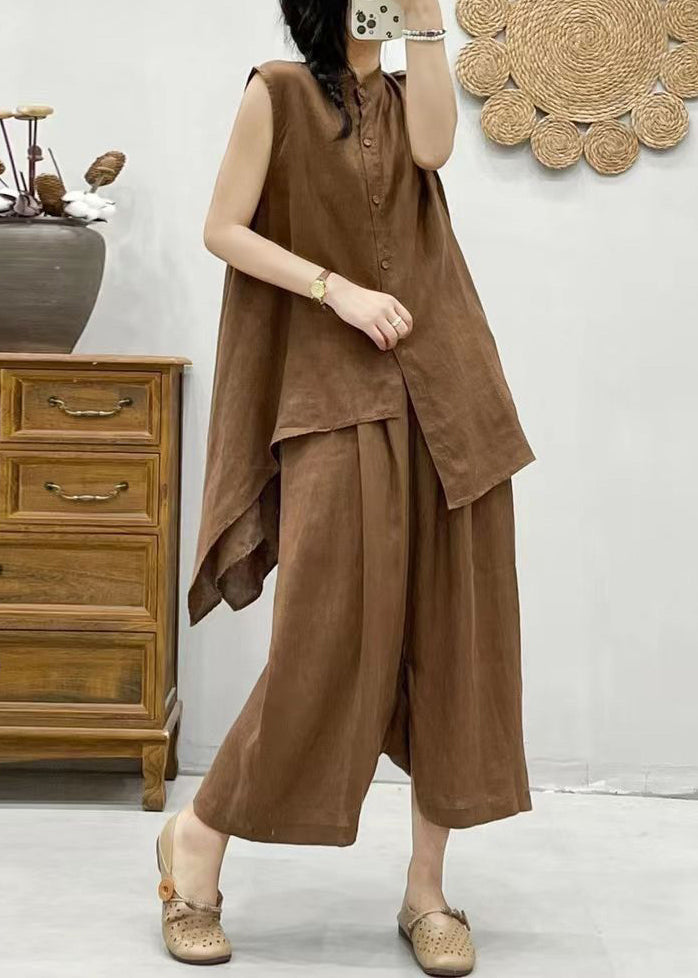 Plus Size Coffee Stand Collar Asymmetrical Patchwork Linen Waistcoat And Crop Pants Two Pieces Set Summer VV075