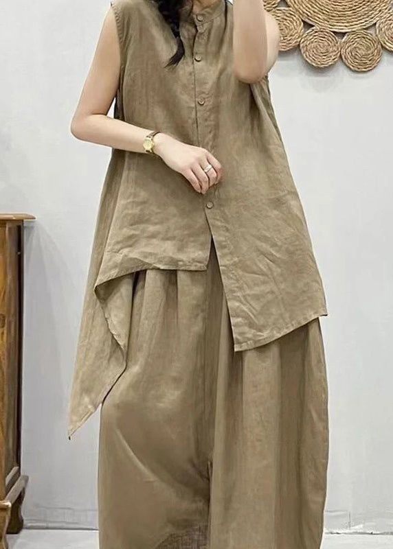 Plus Size Coffee Stand Collar Asymmetrical Patchwork Linen Waistcoat And Crop Pants Two Pieces Set Summer VV075