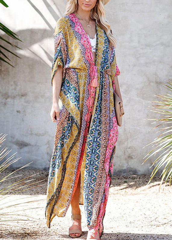 Plus Size Colorblock V-Neck Print Tie Waist Swimwear Long Beach Dress VC062