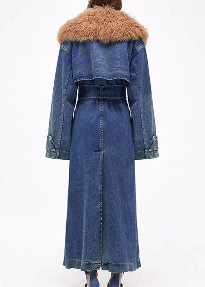 Plus Size Denim Blue Fur Collar Patchwork Tie Waist Long Trench Coats Winter RP002