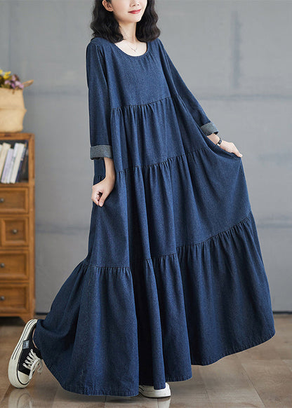 Patchwork Denim Herbst Blau Größe Lange Kleider Plus O-Ausschnitt