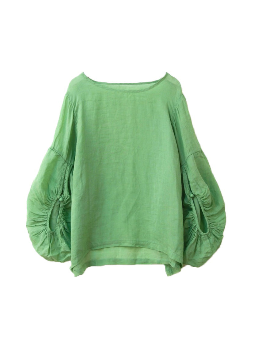 Plus Size Grass Green O Neck Patchwork Cotton Top Lantern Sleeve QK017