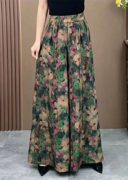 Pantalon large en soie élastique imprimé vert, taille plus