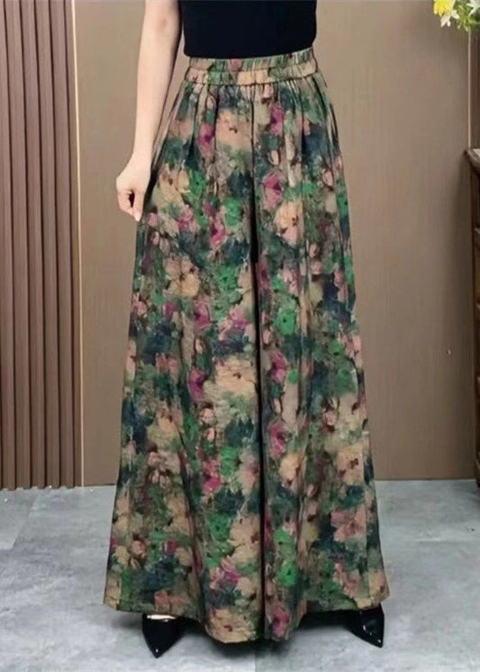 Pantalon large en soie élastique imprimé vert, taille plus