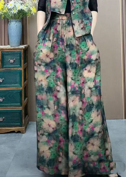 Pantalon large en soie élastique imprimé vert, taille plus