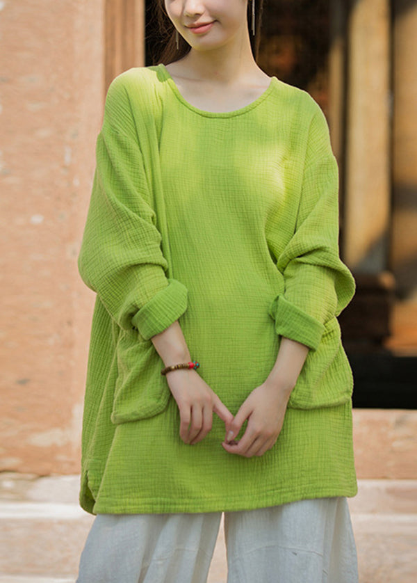 T-shirt vert grande taille en coton avec poches et col rond, printemps TH025
