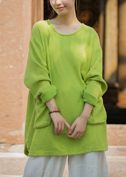 T-shirt vert grande taille en coton avec poches et col rond, printemps TH025