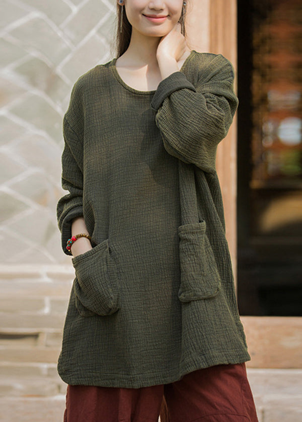 T-shirt vert grande taille en coton avec poches et col rond, printemps TH025