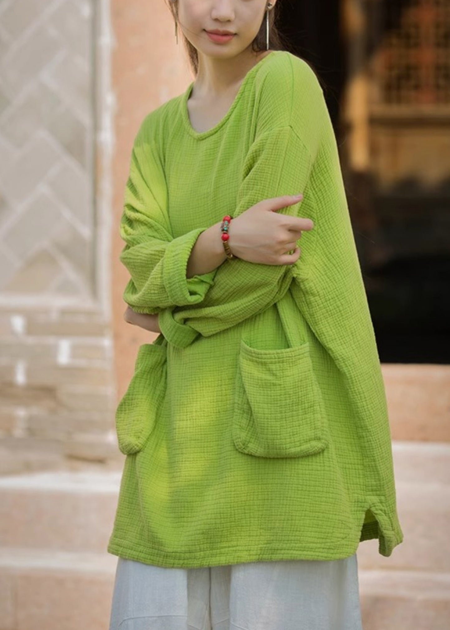 T-shirt vert grande taille en coton avec poches et col rond, printemps TH025