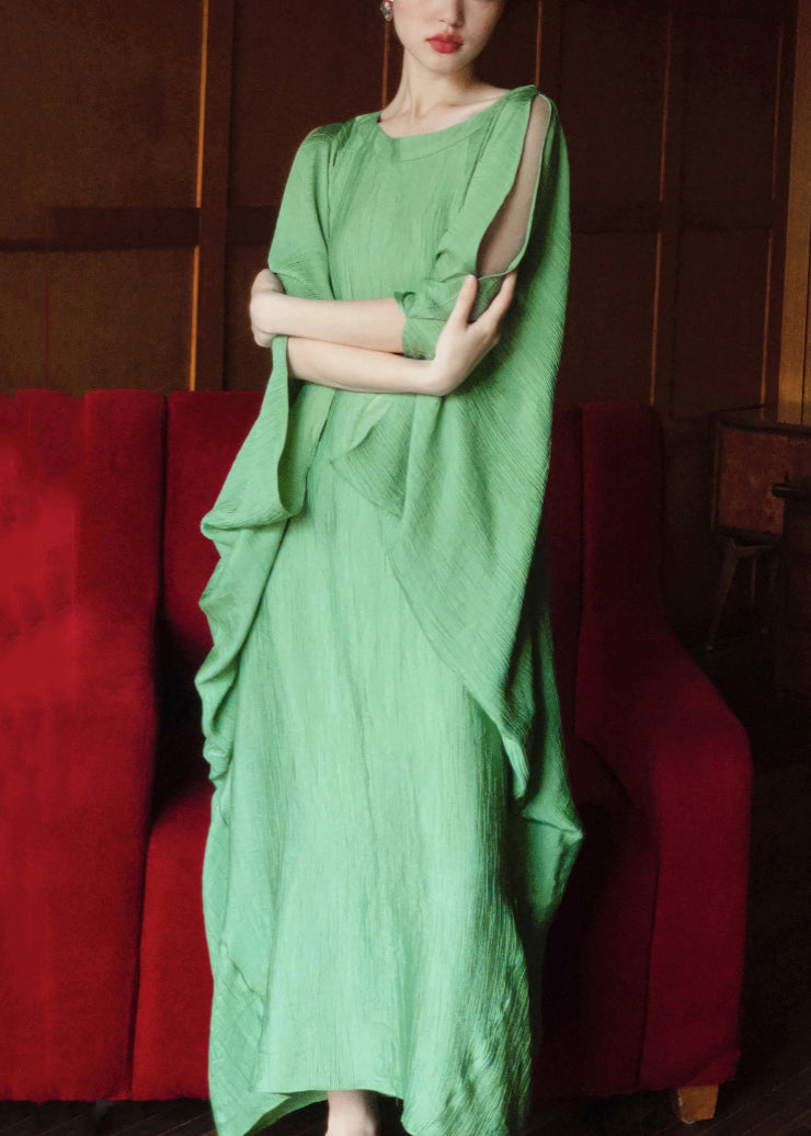 Plus Size Green O Neck Solid Cotton Long Dress Batwing Sleeve EE1049