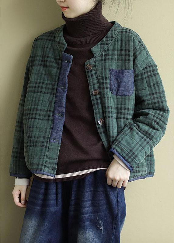 Plus Size Green Plaid Button Patchwork Winter Jackets Long sleeve QS049