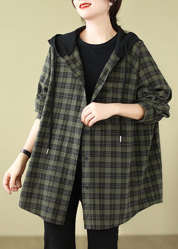 Plus Size Grün Plaid Baumwolle Kapuzenhemden Mantel Frühling TJ028