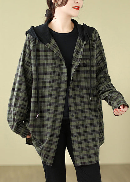 Plus Size Grün Plaid Baumwolle Kapuzenhemden Mantel Frühling TJ028