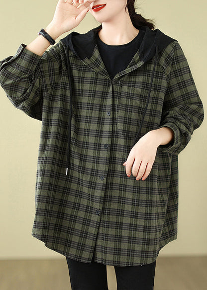 Plus Size Grün Plaid Baumwolle Kapuzenhemden Mantel Frühling TJ028