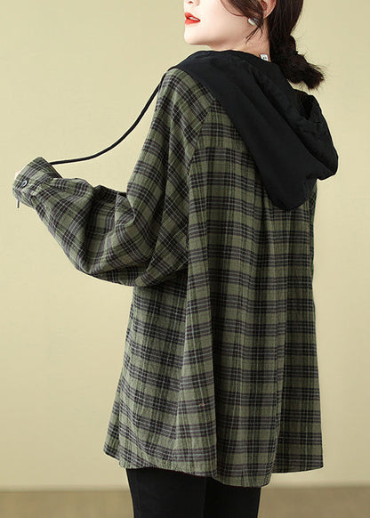 Plus Size Grün Plaid Baumwolle Kapuzenhemden Mantel Frühling TJ028
