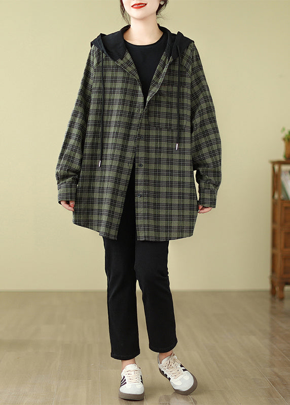 Plus Size Grün Plaid Baumwolle Kapuzenhemden Mantel Frühling TJ028