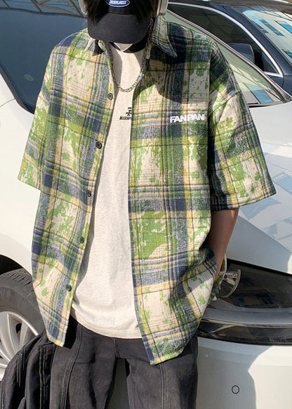 Chemises d'été vertes à carreaux en coton teinté pour hommes, grande taille